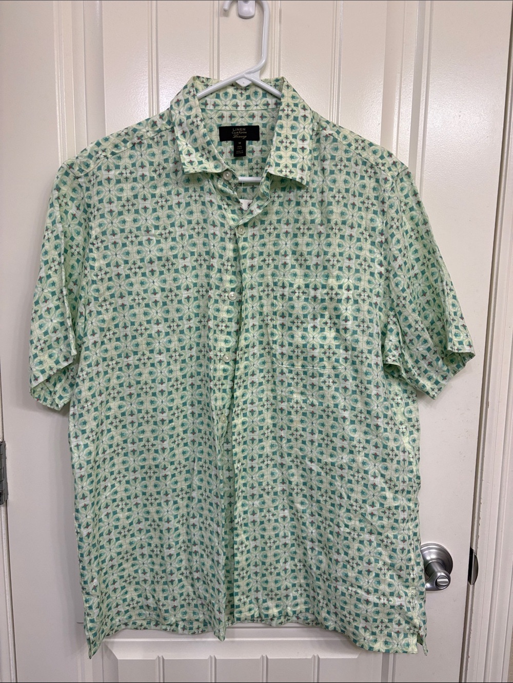 NWT Club Room 100% Linen‎ Light Green Geometric Short-Sleeve Button-Down Shirt
